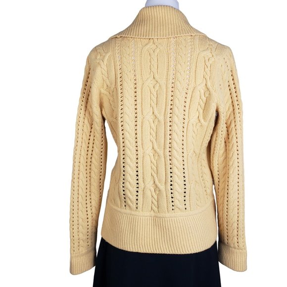 Talbots Lambswool Cable Knit Yellow Cardigan Leather Buckle Sweater MP - Picture 4 of 10